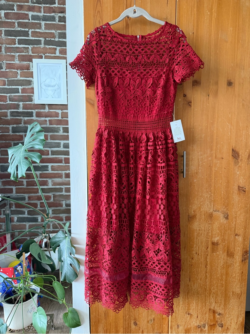 Just Me Red Lace Midi Dress with Crochet Detailing size S
